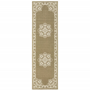 2' X 8' Tan Oriental Stain Resistant Indoor Outdoor Area Rug