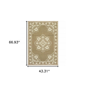 4' X 6' Tan Oriental Stain Resistant Indoor Outdoor Area Rug