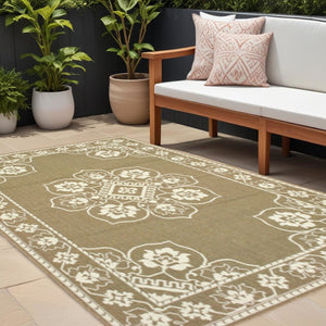 8' X 11' Tan Oriental Stain Resistant Indoor Outdoor Area Rug