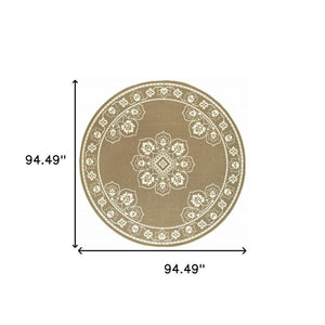 8' X 8' Tan Round Oriental Stain Resistant Indoor Outdoor Area Rug