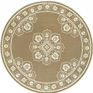 8' X 8' Tan Round Oriental Stain Resistant Indoor Outdoor Area Rug