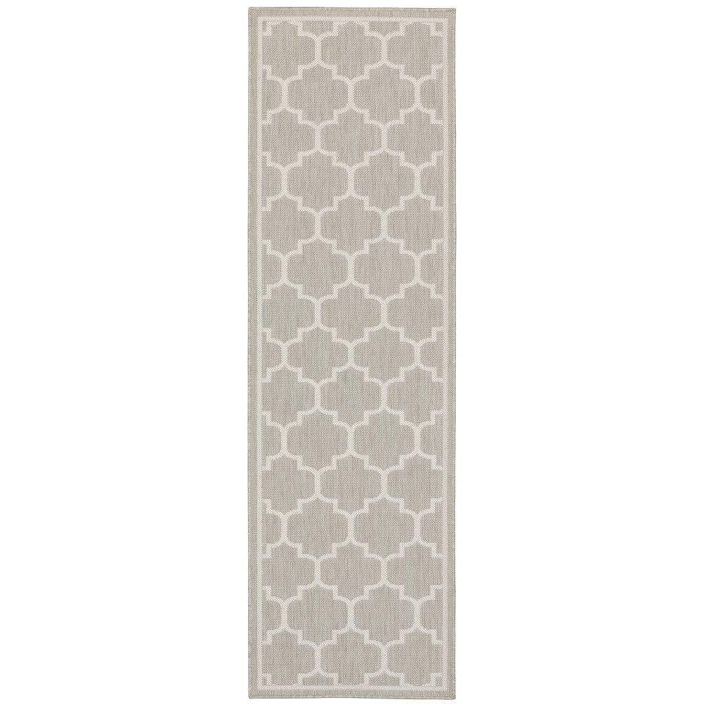2' X 7' Gray and Ivory Geometric Stain Resistant Indoor Outdoor Area Rug