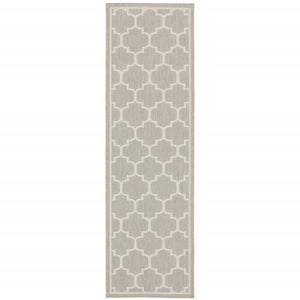 2' X 7' Gray and Ivory Geometric Stain Resistant Indoor Outdoor Area Rug