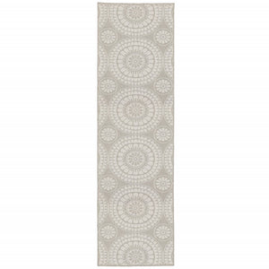 2' X 7' Gray and Ivory Geometric Stain Resistant Indoor Outdoor Area Rug