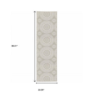 2' X 7' Gray and Ivory Geometric Stain Resistant Indoor Outdoor Area Rug