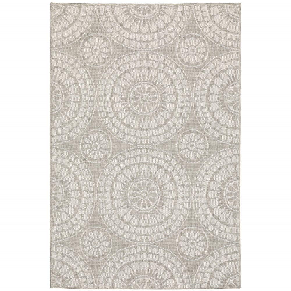 7' X 9' Gray and Ivory Geometric Stain Resistant Indoor Outdoor Area Rug