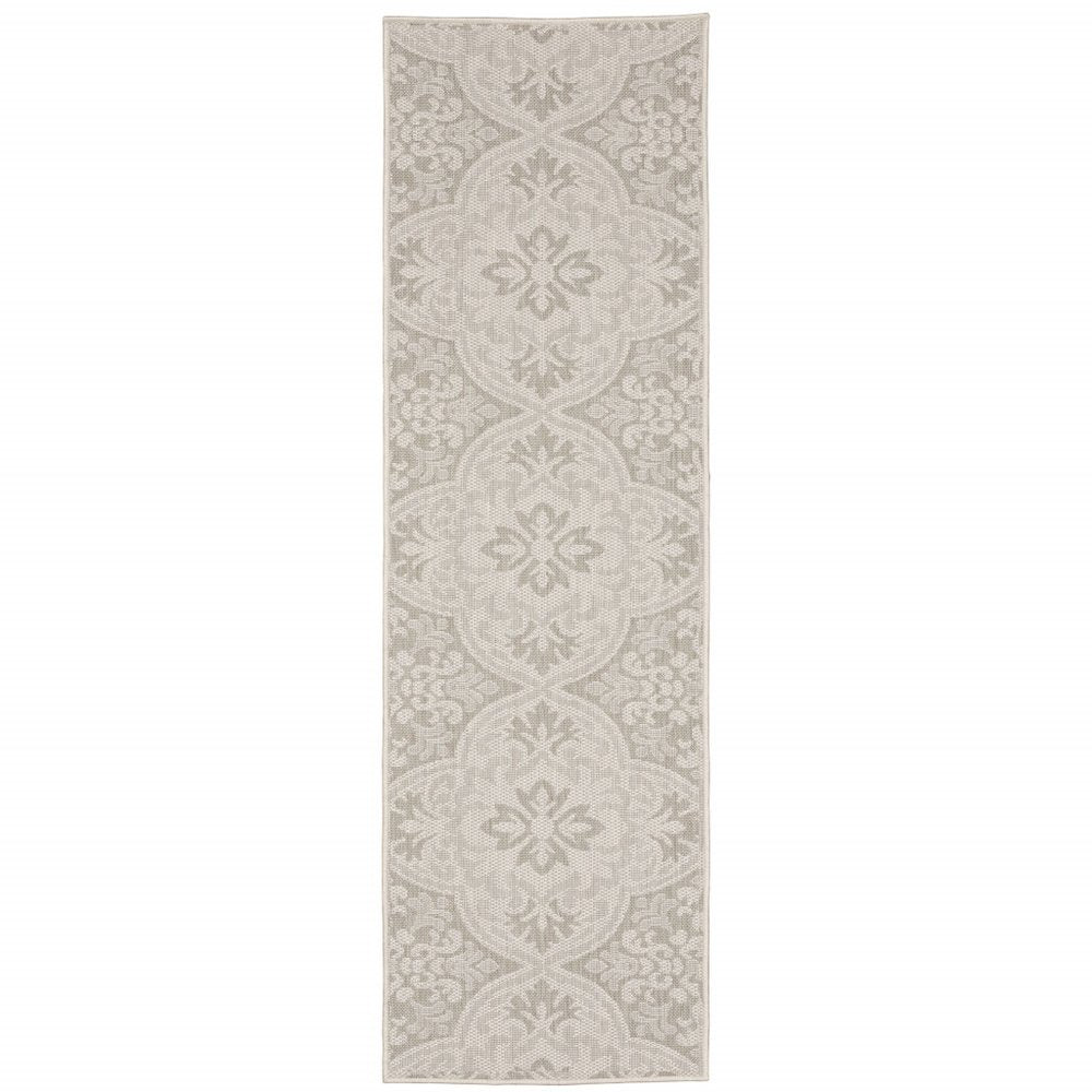 2' X 7' Gray and Ivory Floral Stain Resistant Indoor Outdoor Area Rug