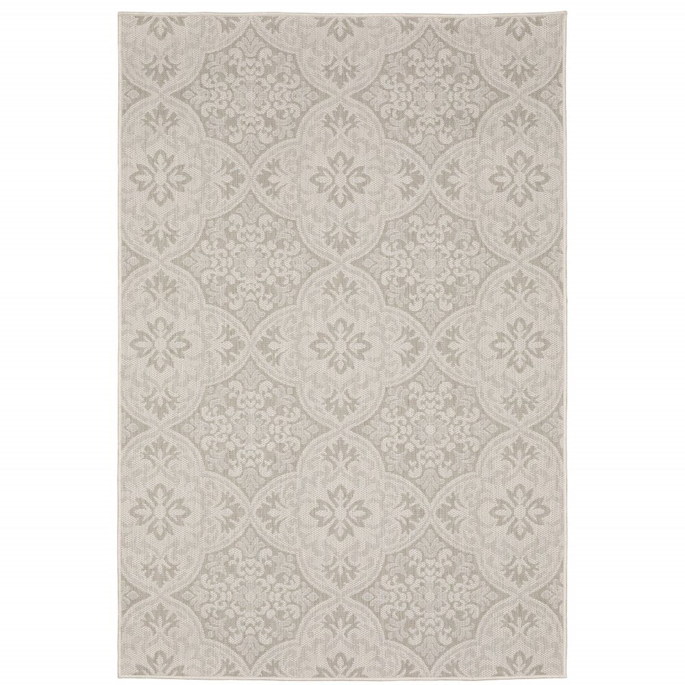8' X 10' Gray and Ivory Floral Stain Resistant Indoor Outdoor Area Rug