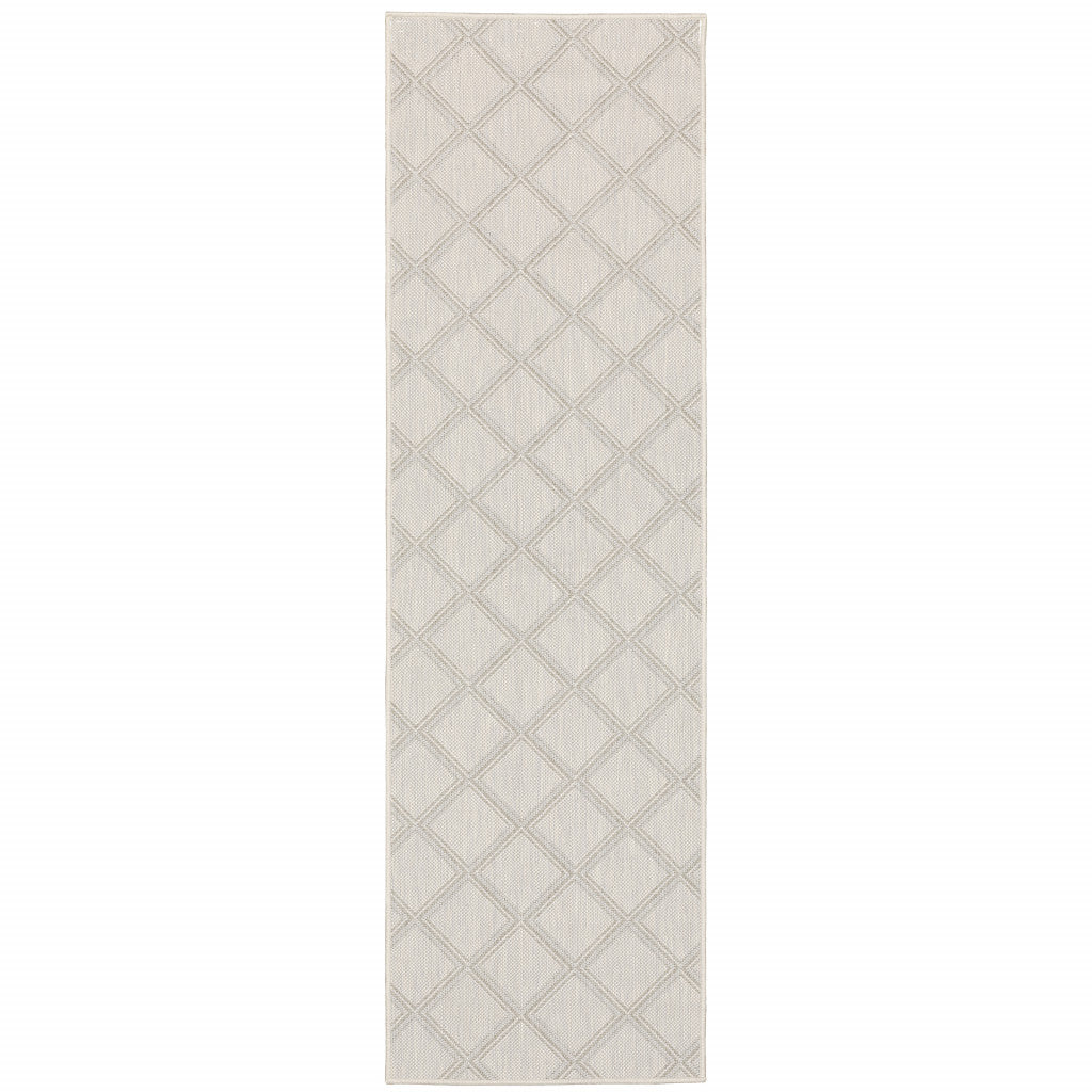 2' X 7' Gray and Ivory Geometric Stain Resistant Indoor Outdoor Area Rug