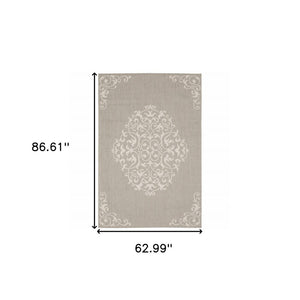 5' X 7' Gray and Ivory Oriental Stain Resistant Indoor Outdoor Area Rug