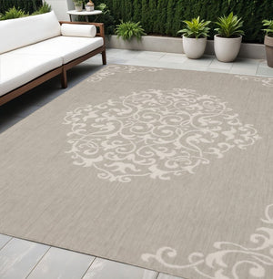 5' X 7' Gray and Ivory Oriental Stain Resistant Indoor Outdoor Area Rug
