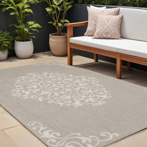 10' X 13' Gray and Ivory Oriental Stain Resistant Indoor Outdoor Area Rug