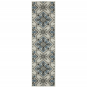 2' X 7' Blue and Beige Oriental Stain Resistant Indoor Outdoor Area Rug