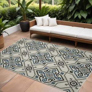 7' X 9' Blue and Beige Oriental Stain Resistant Indoor Outdoor Area Rug