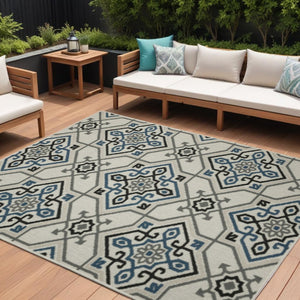 8' X 10' Blue and Beige Oriental Stain Resistant Indoor Outdoor Area Rug