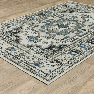 2' X 4' Blue and Beige Oriental Stain Resistant Indoor Outdoor Area Rug