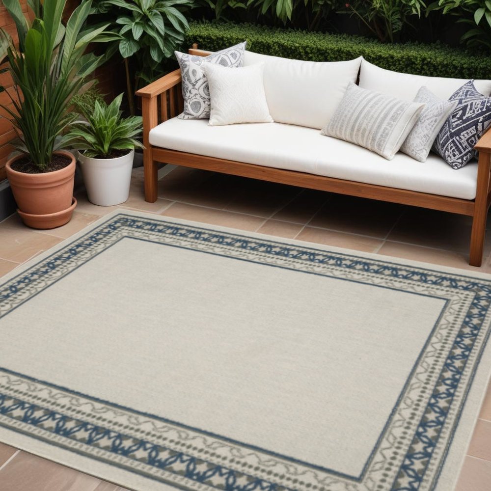 7' X 9' Blue and Beige Stain Resistant Indoor Outdoor Area Rug