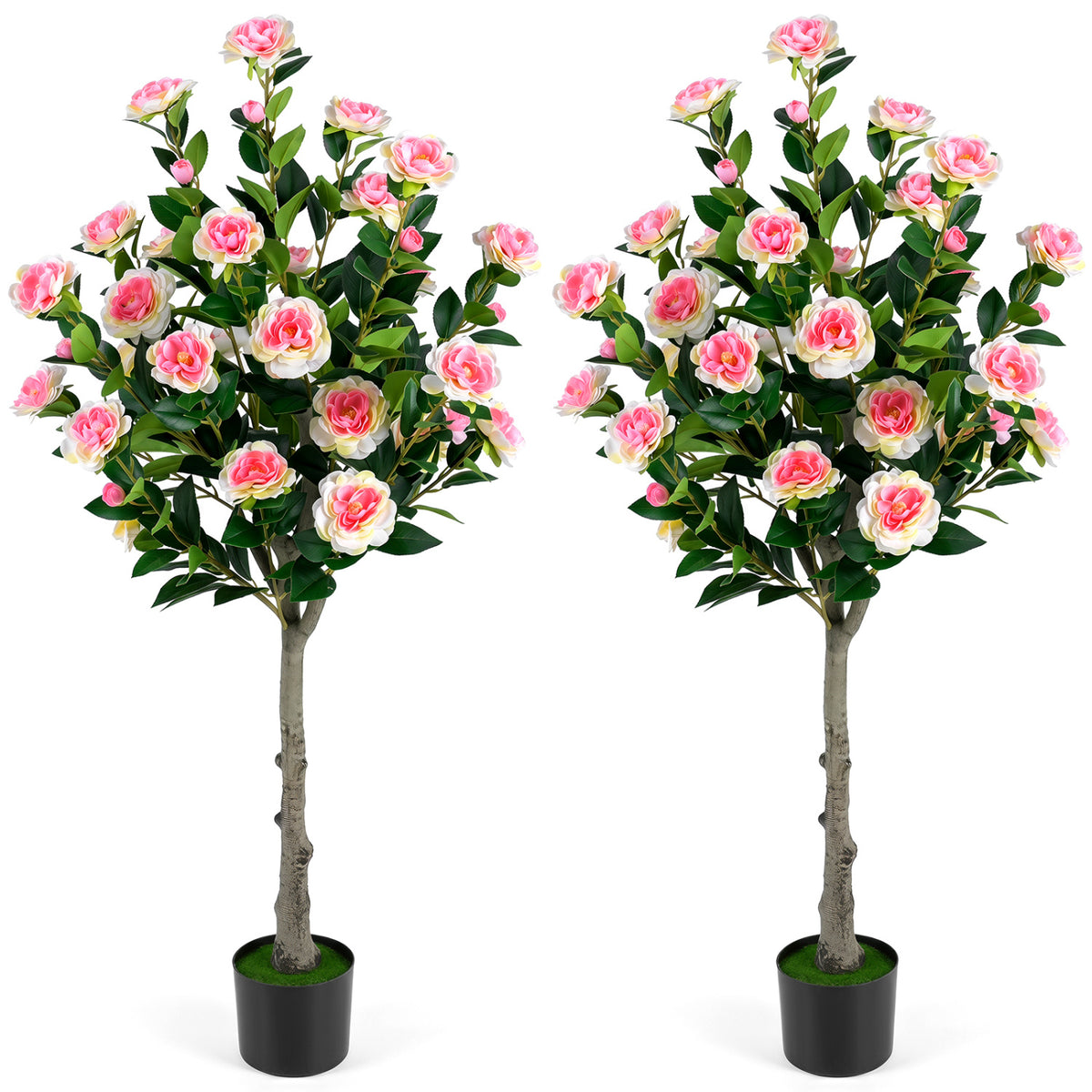 Set of 2 Artificial Camellia Tree with 27 Blossoms in Cement Pot for Home