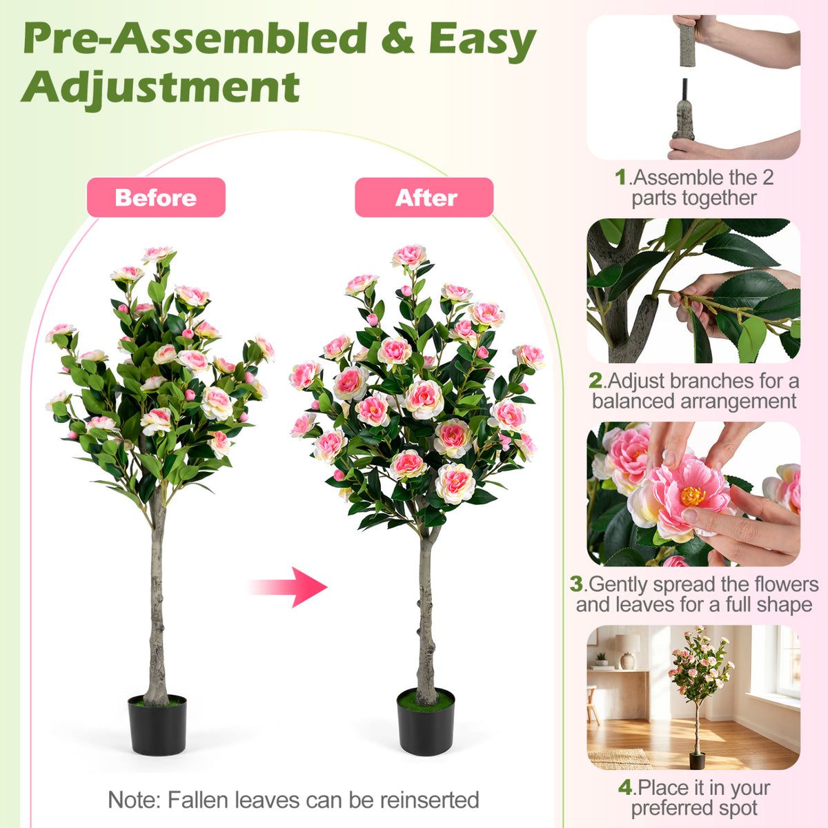 Set of 2 Artificial Camellia Tree with 27 Blossoms in Cement Pot for Home