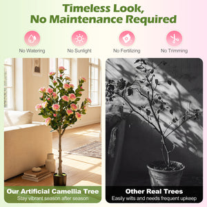 Set of 2 Artificial Camellia Tree with 27 Blossoms in Cement Pot for Home