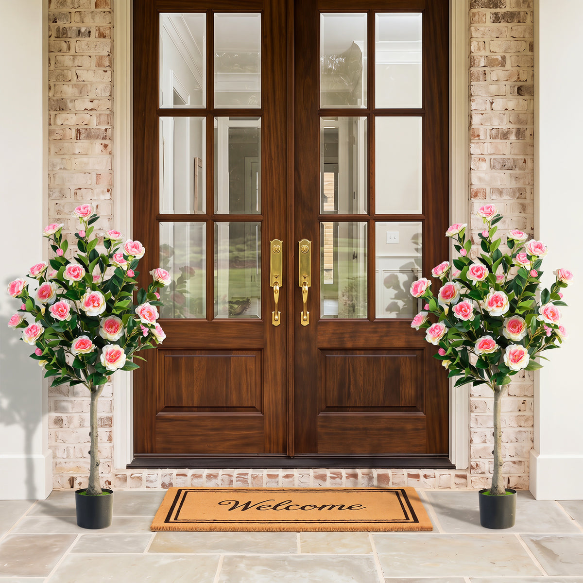 Set of 2 Artificial Camellia Tree with 27 Blossoms in Cement Pot for Home