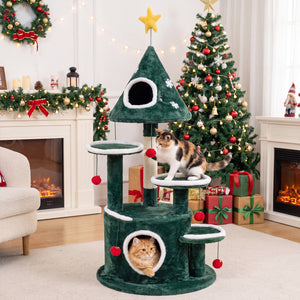 50" Christmas Cat Tree with 2 Condos and Sisal Scratching Post-Green