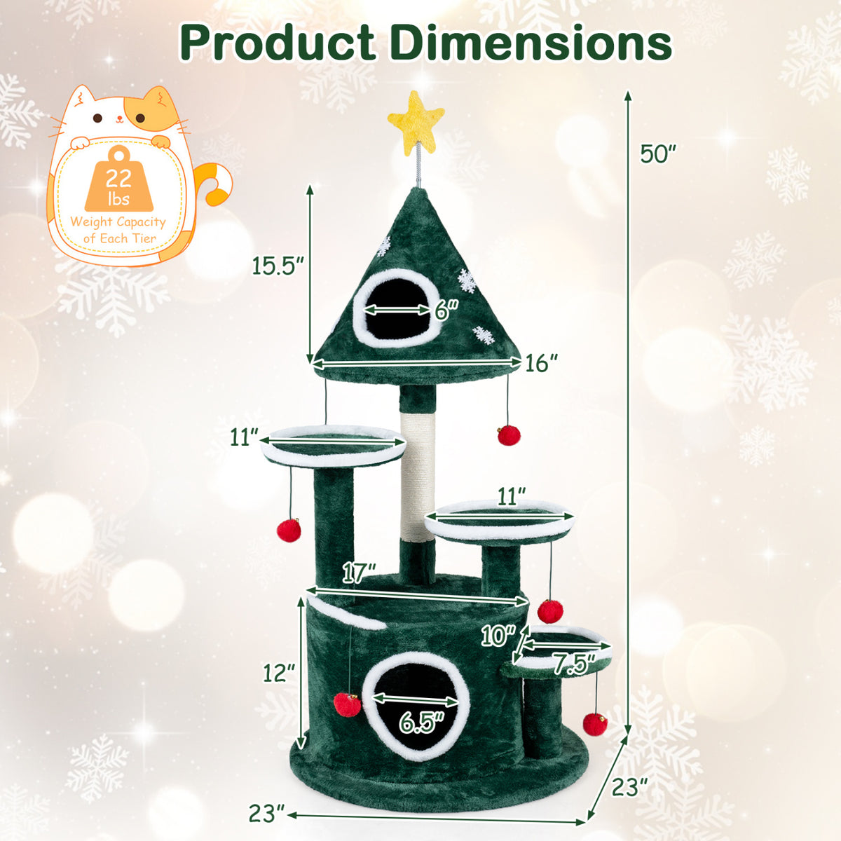50" Christmas Cat Tree with 2 Condos and Sisal Scratching Post-Green