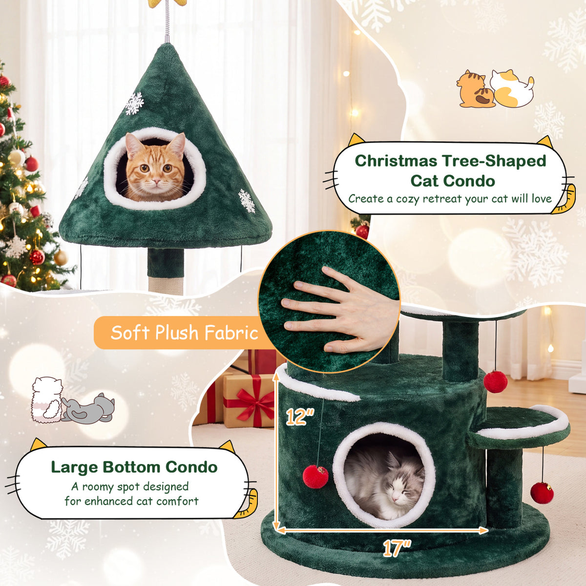 50" Christmas Cat Tree with 2 Condos and Sisal Scratching Post-Green