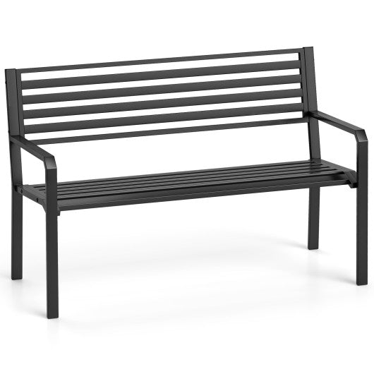 50 Inch Outdoor Metal Park Bench Patio Slatted Garden Bench for 2-3 People-Black