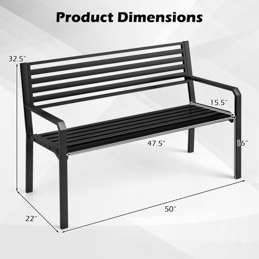 50 Inch Outdoor Metal Park Bench Patio Slatted Garden Bench for 2-3 People-Black