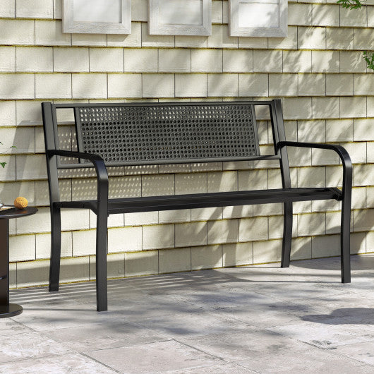 50 Inches Garden Bench with Patterned Backrest and Curved Armrests-Black