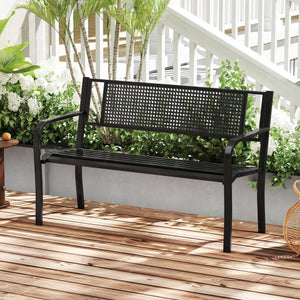 50 Inches Garden Bench with Patterned Backrest and Curved Armrests-Black