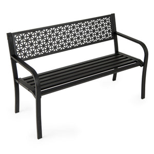 50 Inch Garden Bench with Patterned Backrest and Curved Armrests for 2-3 Person-Black