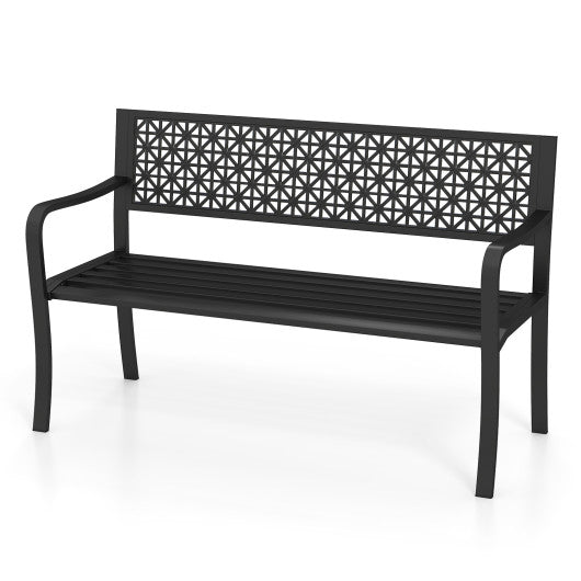 50 Inch Garden Bench with Patterned Backrest and Curved Armrests for 2-3 Person-Black
