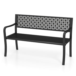 50 Inch Garden Bench with Patterned Backrest and Curved Armrests for 2-3 Person-Black