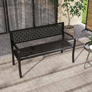 50 Inch Garden Bench with Patterned Backrest and Curved Armrests for 2-3 Person-Black