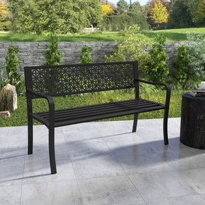 50 Inch Garden Bench with Patterned Backrest and Curved Armrests for 2-3 Person-Black