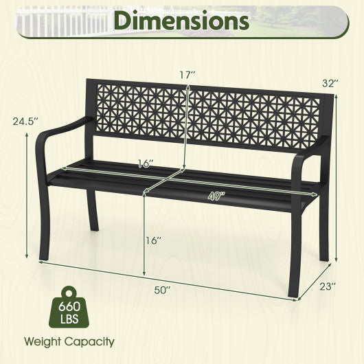 50 Inch Garden Bench with Patterned Backrest and Curved Armrests for 2-3 Person-Black