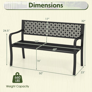 50 Inch Garden Bench with Patterned Backrest and Curved Armrests for 2-3 Person-Black