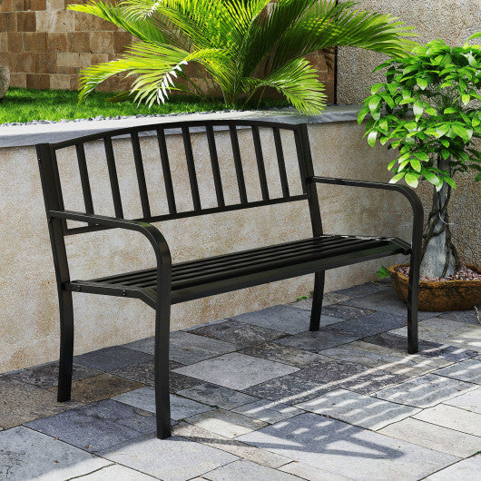 50 Inches Outdoor Garden Bench with Slatted Backrest and Curved Armrests-Black