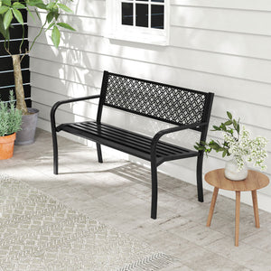 50 Inches Outdoor Garden Bench with Geometric Lattice Backrest and Slatted Seat-Black