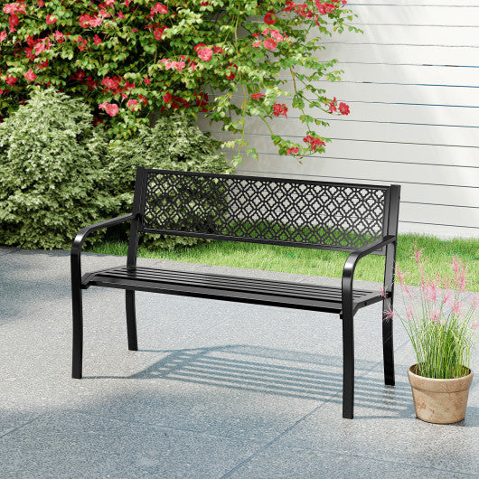 50 Inches Outdoor Garden Bench with Geometric Lattice Backrest and Slatted Seat-Black