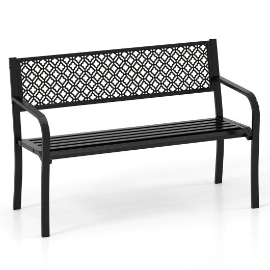 50 Inches Outdoor Garden Bench with Geometric Lattice Backrest and Slatted Seat-Black