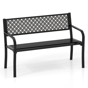 50 Inches Outdoor Garden Bench with Geometric Lattice Backrest and Slatted Seat-Black