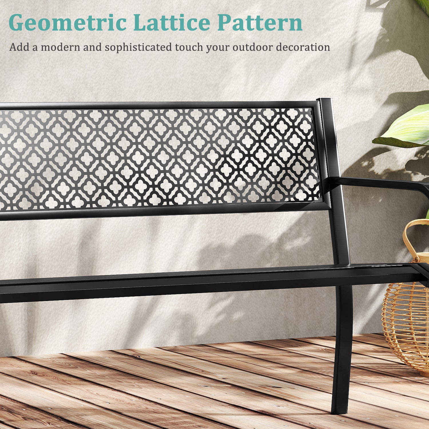 50 Inches Outdoor Garden Bench with Geometric Lattice Backrest and Slatted Seat-Black