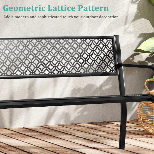 50 Inches Outdoor Garden Bench with Geometric Lattice Backrest and Slatted Seat-Black