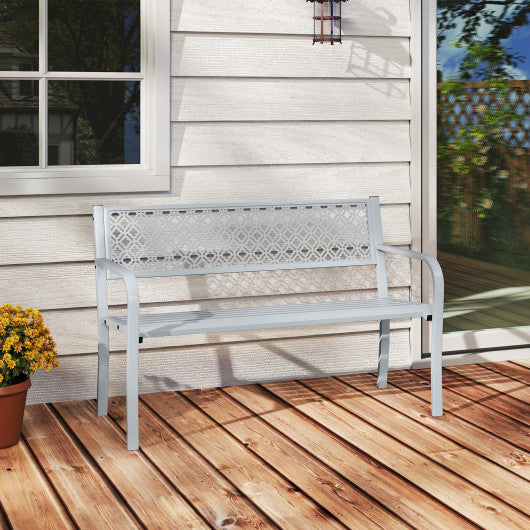 50 Inches Outdoor Garden Bench with Geometric Lattice Backrest and Slatted Seat-Gray