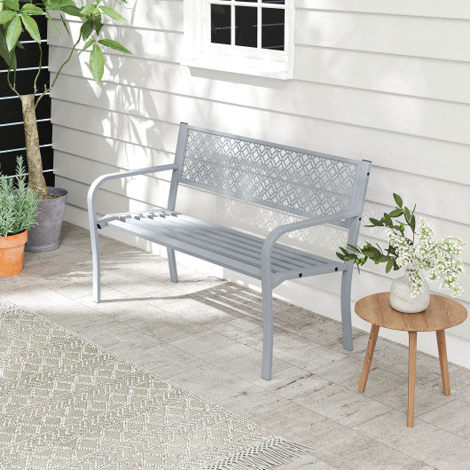 50 Inches Outdoor Garden Bench with Geometric Lattice Backrest and Slatted Seat-Gray