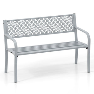 50 Inches Outdoor Garden Bench with Geometric Lattice Backrest and Slatted Seat-Gray