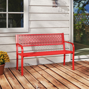 50 Inches Outdoor Garden Bench with Geometric Lattice Backrest and Slatted Seat-Red